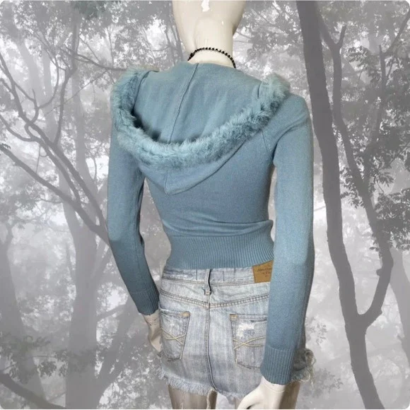 Bebe Genuine Fur Trim Zip Hoodie Y2K Baby Blue Fitted Knit Rhinestones Jacket XS - Picture 3 of 8